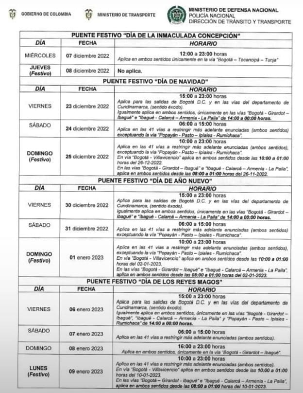 Horarios de tránsito de las carreteras de Colombia durante el fin de año 2022